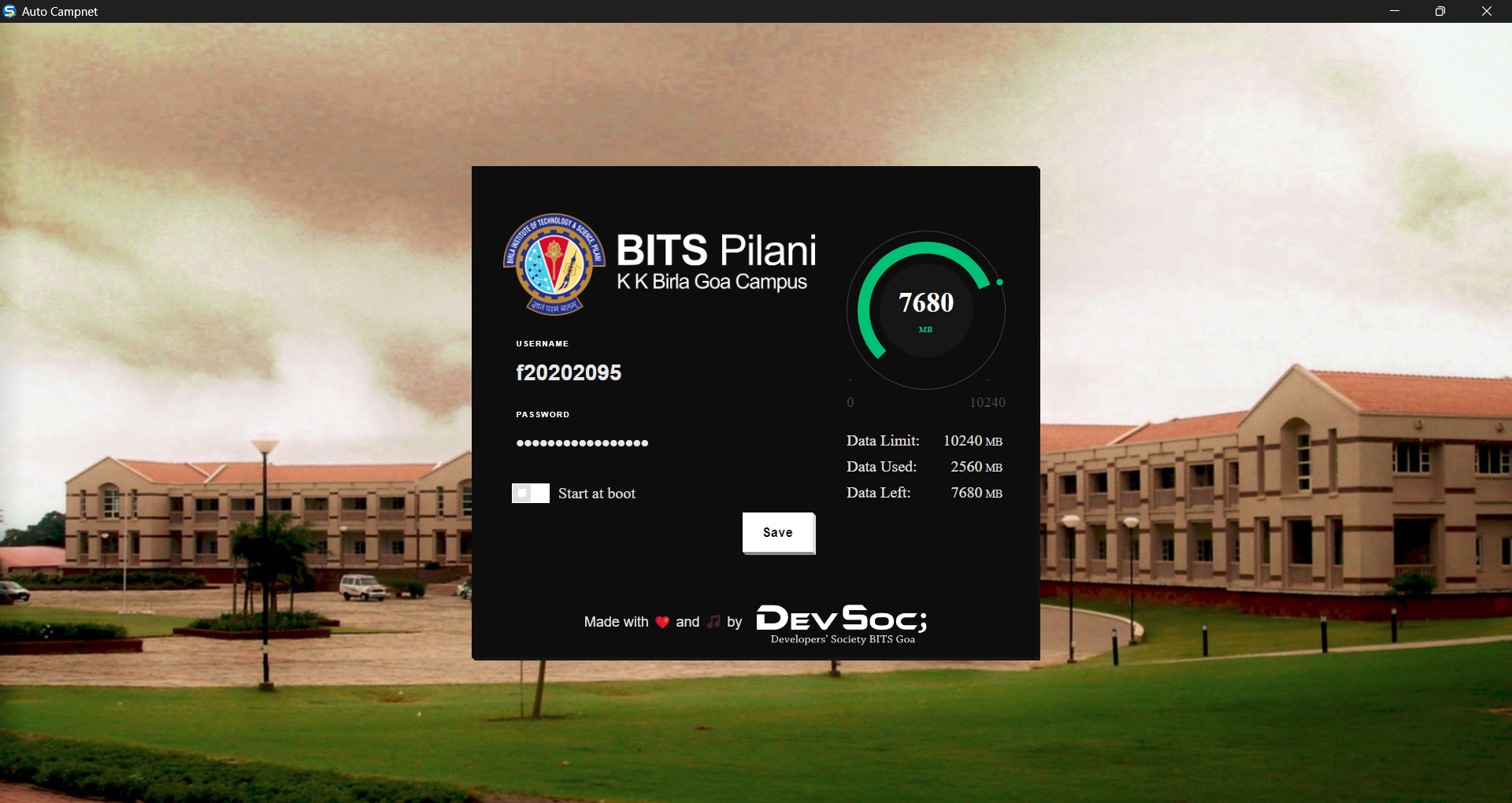 Desktop application developed using the Tauri framework in Rustlang. Allows automated login in laptops to on campus wifi for all 4000+ students of BITS Goa Campus